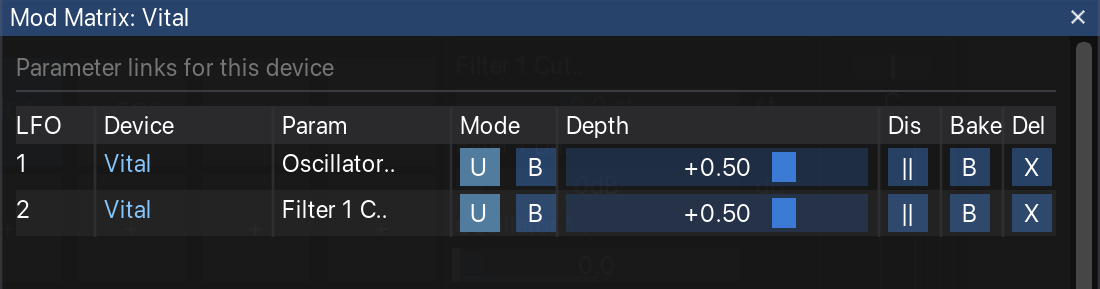 Mod Matrix dialog showing parameter links