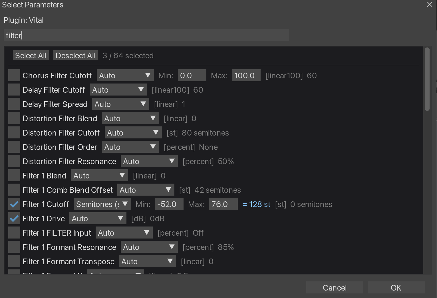 Parameter selector dialog