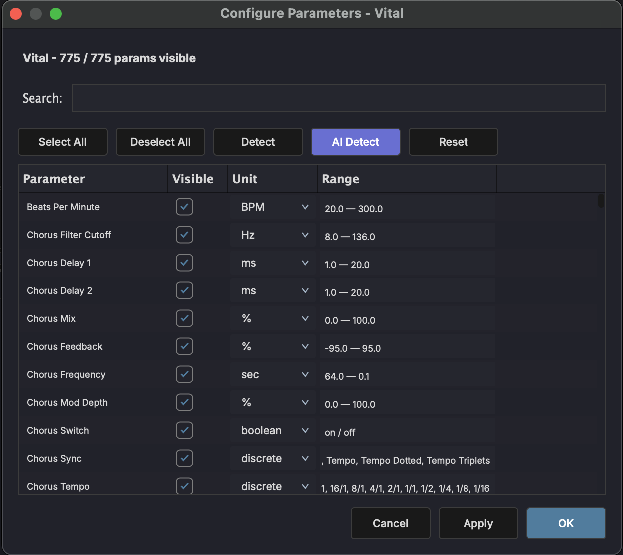 Configure Parameters dialog for the Vital synth, showing the Parameter / Visible / Unit / Range columns and the Select All, Deselect All, Detect, AI Detect, and Reset buttons.