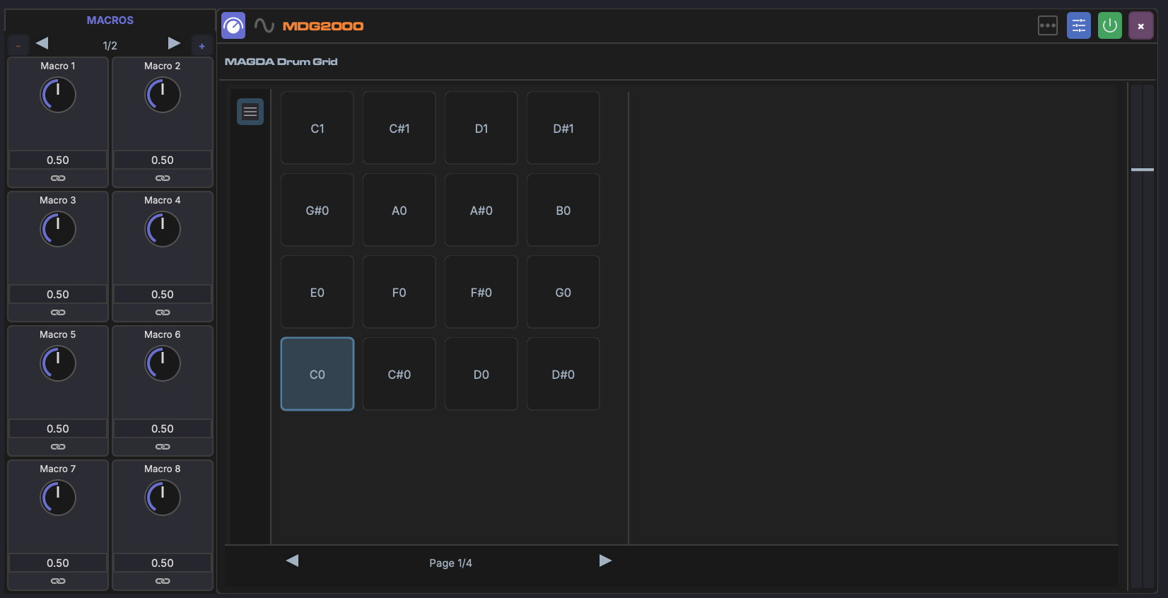 Drum Grid device with macros panel and the pad grid showing two pages of pads