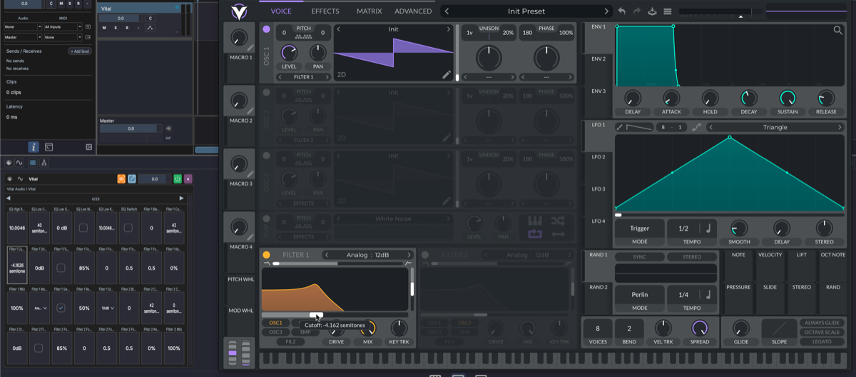 MAGDA's device slot for Vital next to the plugin's own window — Learn mode jumps the slot to whichever parameter you click in the plugin GUI.