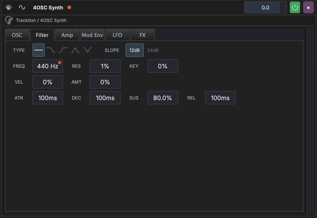 4OSC filter showing an orange MIDI-learn dot on FREQ