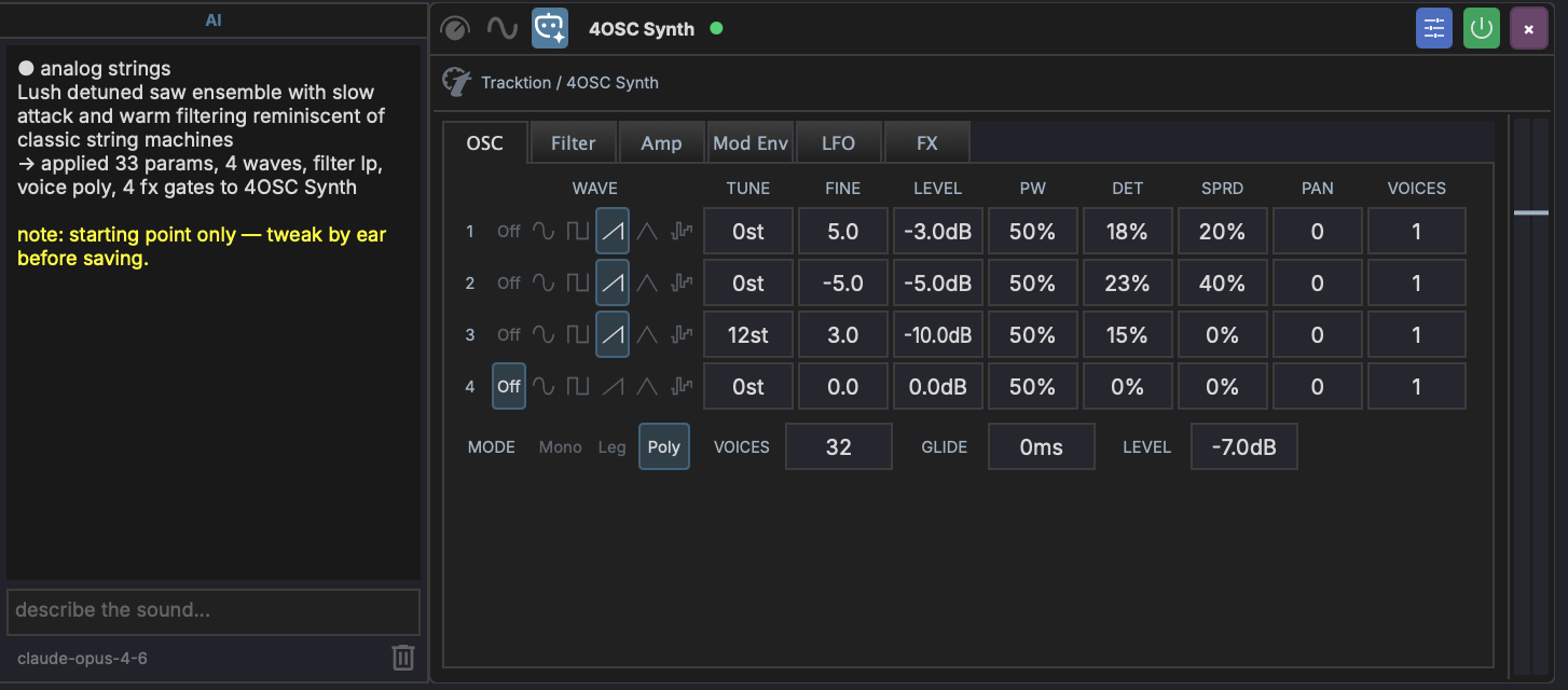 4OSC with the AI panel docked on its left, showing a prompt echo, the model's preset description, an apply status, and a yellow "starting point only" disclaimer.