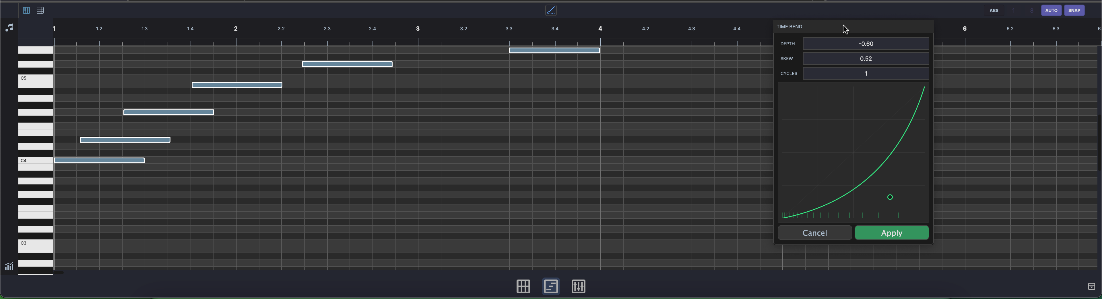 Time Bend popup in the Piano Roll